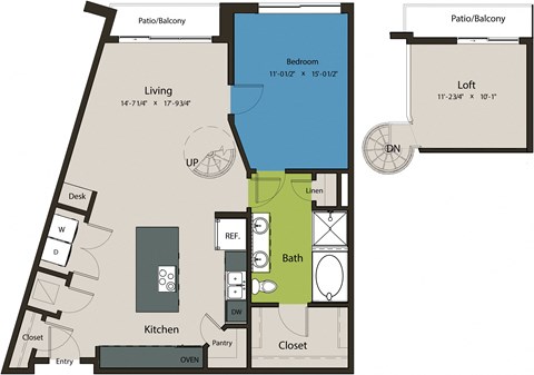 Floor plan for 1 bed, 1 bath, 1126 sqft